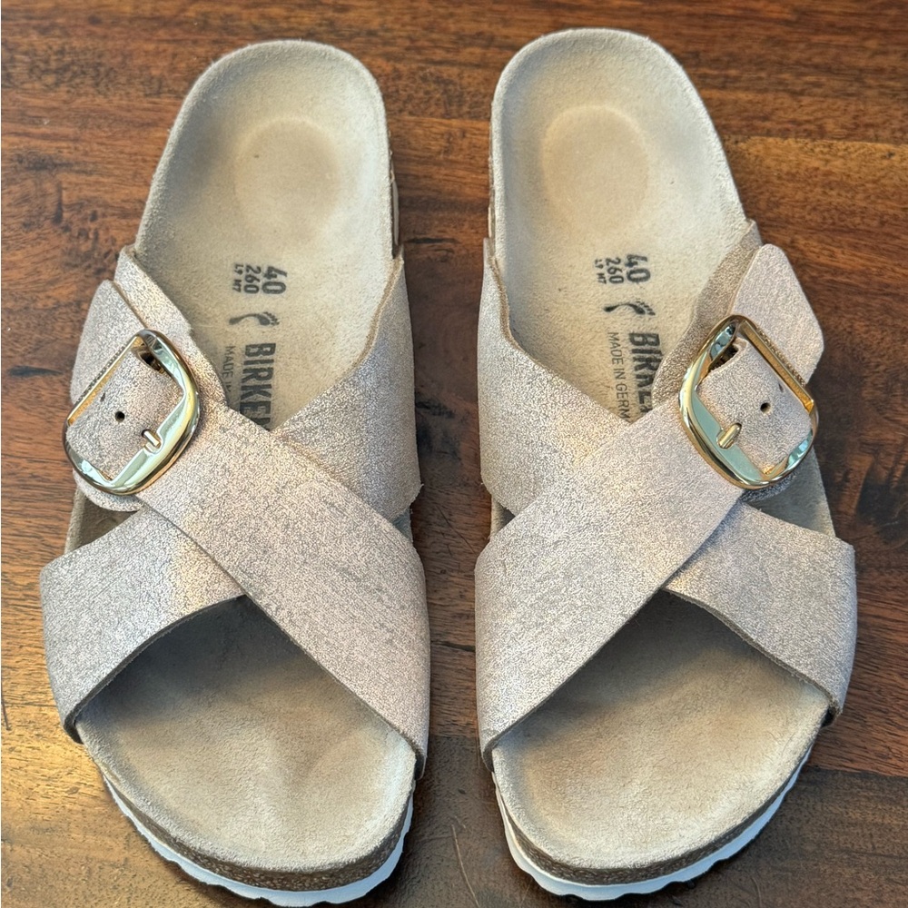 Birkenstock Shimmering Sandals with Gold Buckle
